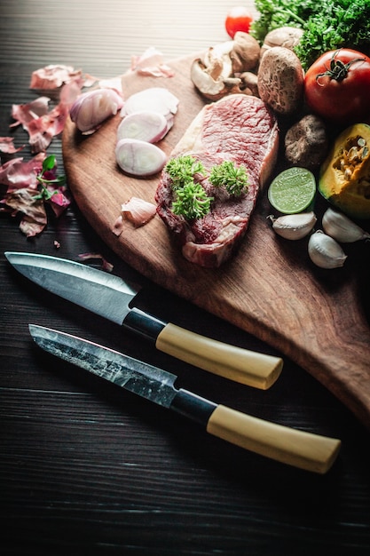 bistecca di manzo su un tagliere con un coltello e ingredienti