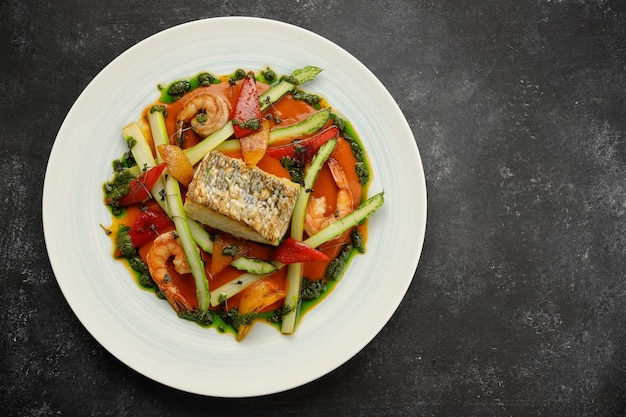 Bistecca di pesce fritto con gamberi e verdure