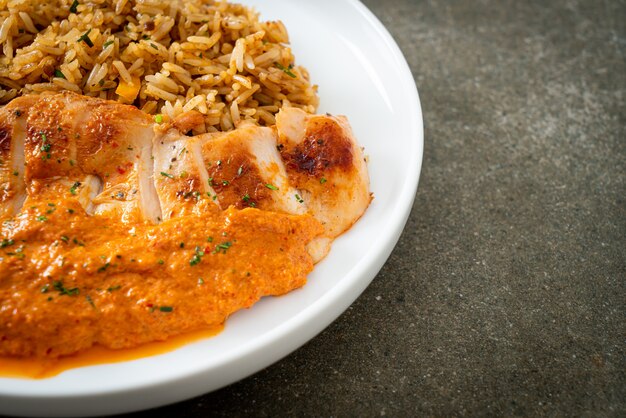 bistecca di pollo alla griglia con salsa al curry rosso e riso - stile cibo musulmano