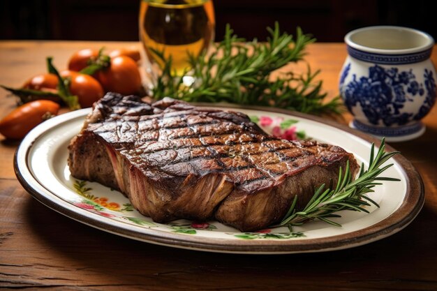 Bistecca di portineria alla griglia su un piatto di ceramica con contorno di erbe