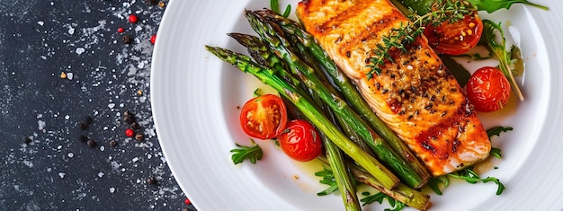 bistecca di salmone alla griglia con asparagi e pomodori cherry su un piatto bianco