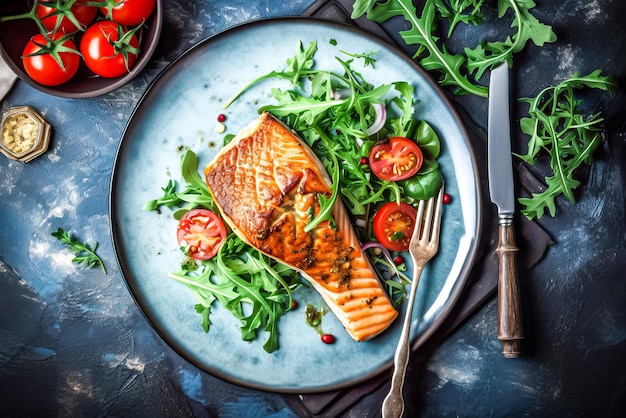 Bistecca di salmone alla griglia con rucola e pomodori su piatto blu IA generativa