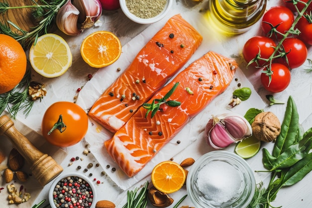 bistecca di salmone crudo con ingredienti per la cottura su tavolo di legno bianco vista cibo sano alimentazione pulita selezione di pesce frutta verdura cereali e noci AI generato