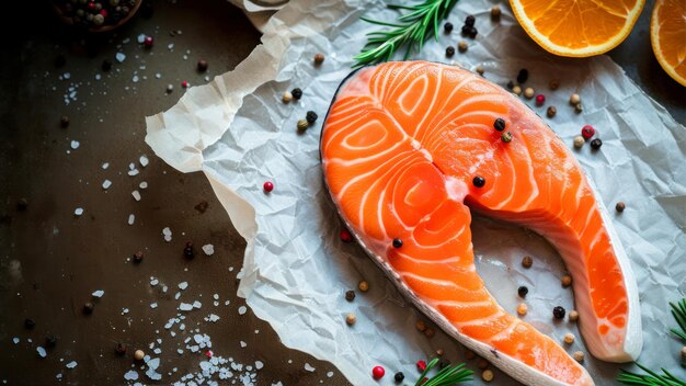 Bistecca di salmone crudo con spezie ed erbe su uno sfondo scuro Tonato