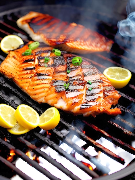 Bistecca di salmone di pesce alla griglia sul primo piano della griglia