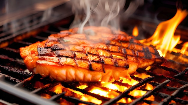 Bistecca di salmone di pesce alla griglia sul primo piano della griglia