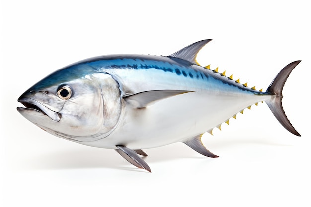 Bistecca di tonno grezza fresca isolata su uno sfondo bianco pulito per un concetto culinario e di frutti di mare