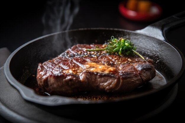 Bistecca di wagyu sfrigolante saltata in padella e pronta per essere mangiata