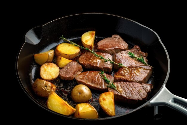 Bistecca e patate cotte in padella sfrigolante con olio creato con ai generativo