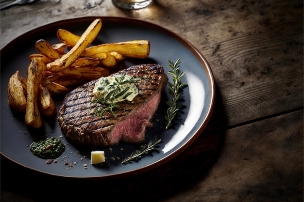 Bistecca e patate fritte su un piatto ai generativo