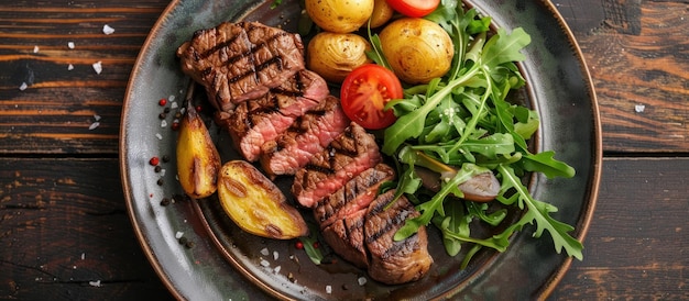 Bistecca e patate su una tavola di legno