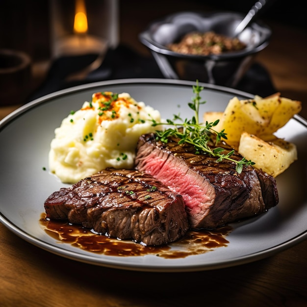 Bistecca mediamente rara con purè di patate