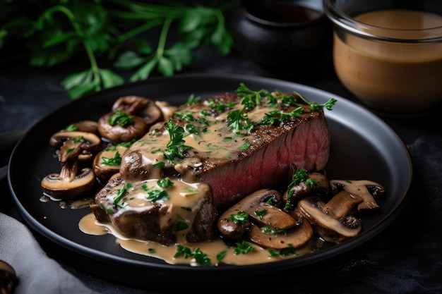 Bistecca sottovuoto con salsa di funghi ed erbe aromatiche creata con ai generativa