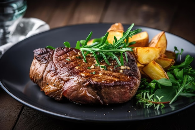 Bistecca succosa condita con patate fritte croccanti e guarnita con erbe fresche