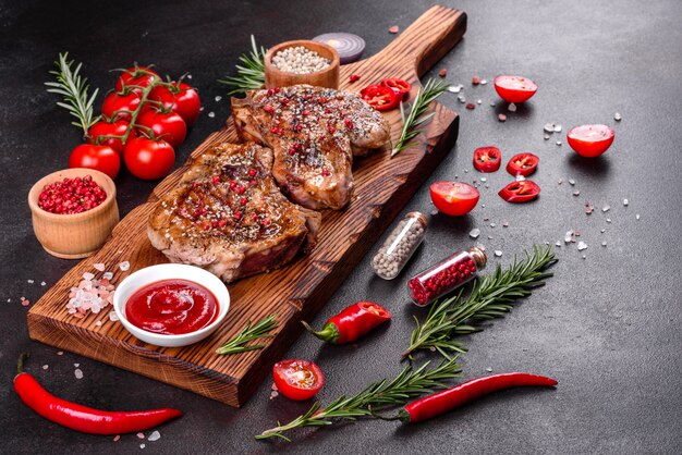 Bistecca succosa deliziosa fresca sulle ossa con le verdure e le spezie. Griglia succosa della bistecca della carne di maiale sulla tavola scura