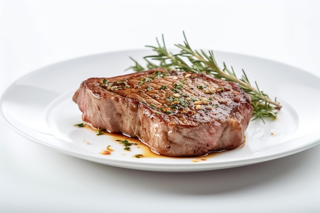 Bistecca tagliata premium su un piatto bianco sfondo bianco ai generativo