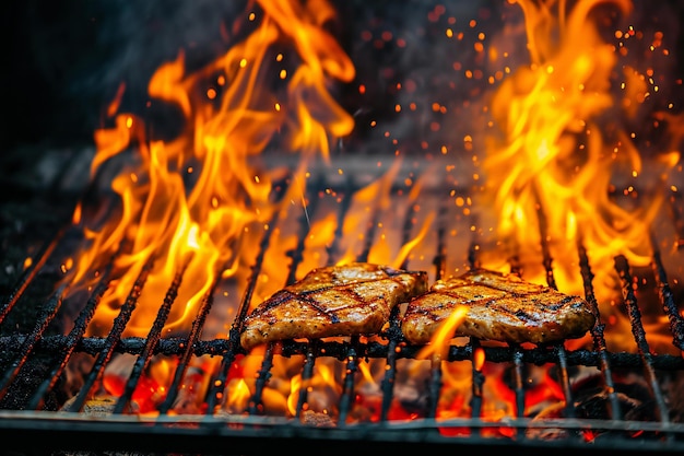 Bistecche alla griglia con fiamme e fumo Focalizzazione selettiva