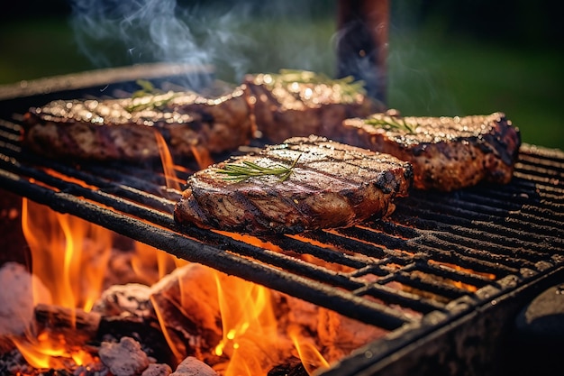 Bistecche da campeggio per famiglie che cucinano sulla griglia all'aperto