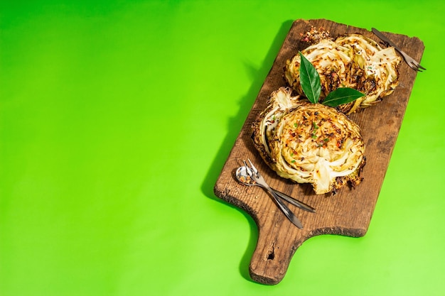 Bistecche di cavolo vegane fatte in casa con erbe e spezie Cibo sano pronto da mangiare su un tagliere