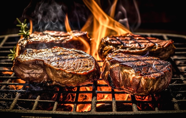 Bistecche di manzo alla griglia alla griglia con fiamme e fumo