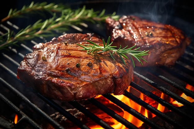 bistecche di manzo alla griglia con spezie ed erbe al barbecue all'aperto