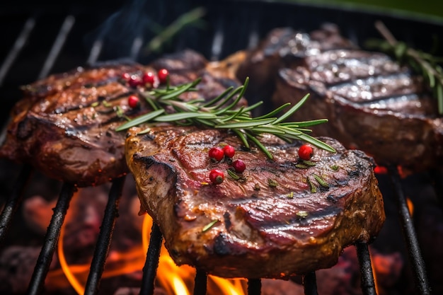 Bistecche di manzo alla griglia con spezie ed erbe al barbecue all'aperto