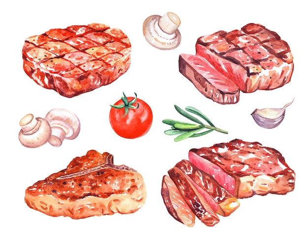 Bistecche di manzo alla griglia dell'acquerello con funghi champignon, pepe, pomodoro, rosmarino. Illustrazione disegnata a mano isolata su bianco.