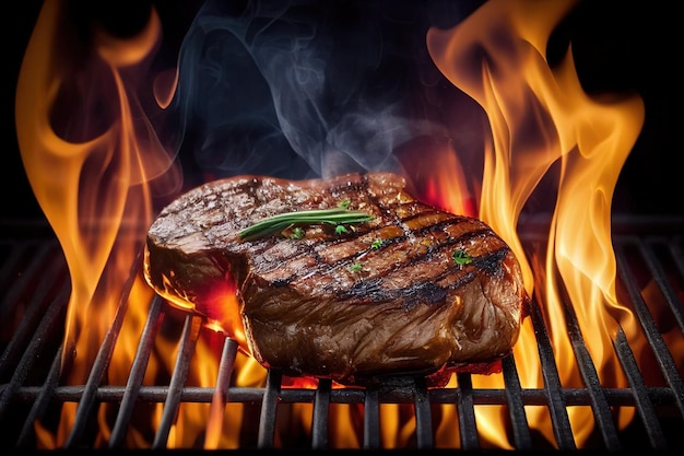 Bistecche di manzo alla griglia su un barbecue con fiamme, da vicino.