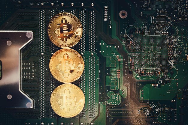 Bit monete sullo sfondo di un microcircuito del computer