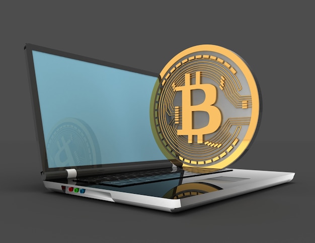 bitcoin 3d e computer portatile. 3d reso illustrazione