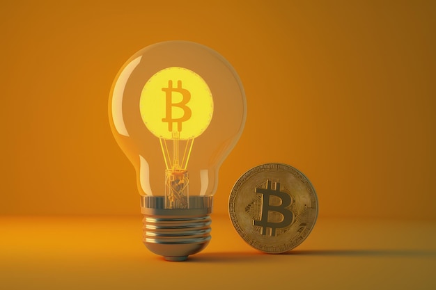 Bitcoin all'interno della lampadina isolata su sfondo giallo AI