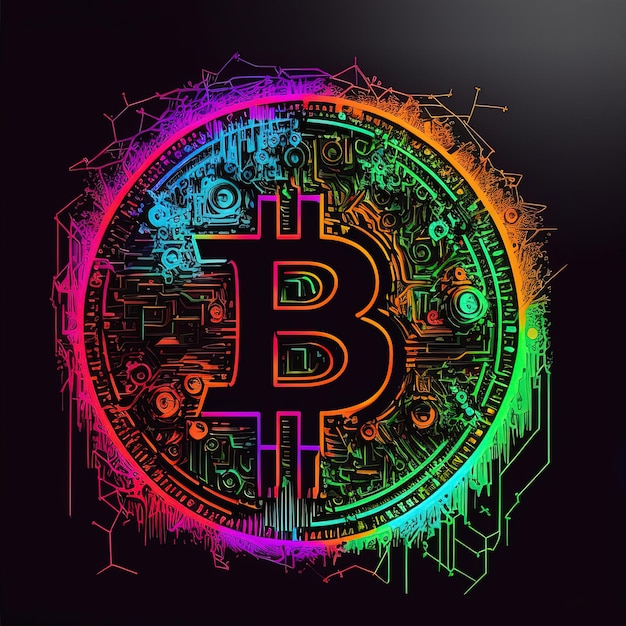 Bitcoin astratto in colori al neon sfondo nero Generaive AI