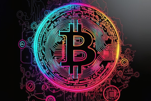 Bitcoin astratto in colori al neon sfondo nero Generaive AI