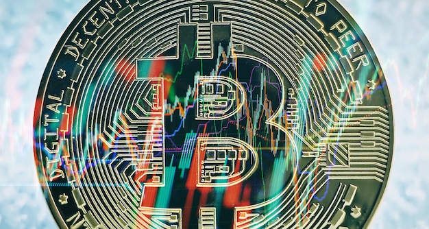 Bitcoin BTC Monete di criptovaluta Bitcoin è un pagamento conveniente nel mercato dell'economia globale Valuta digitale virtuale e concetto di commercio di investimenti finanziari