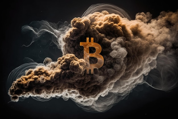 Bitcoin che emerge dal fumo concetto di emergenza di criptovalute AI