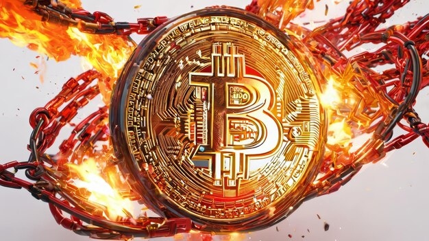 Bitcoin circondato da catene e fuoco