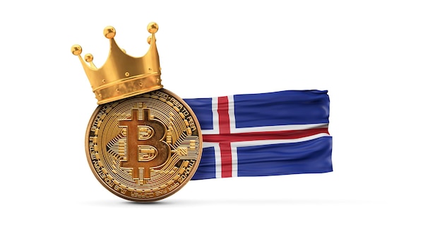 Bitcoin con corona d'oro e bandiera islandese criptovaluta re concetto d rendering