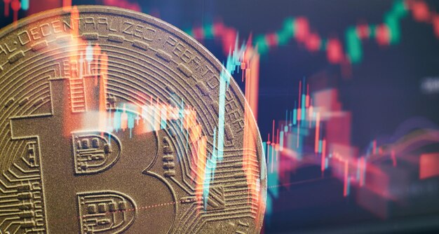 Bitcoin con grafico commerciale concetto di investimento finanziario Bitcoin mining Concetto di gestione finanziaria Commercio di denaro Commercio digitale