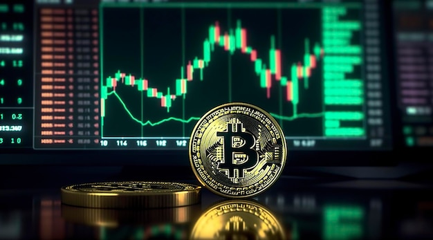 Bitcoin con grafico verde sullo sfondo dello schermo del computer Crypto trading di valuta AI generativo