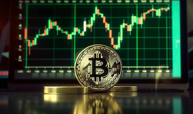 Bitcoin con grafico verde sullo sfondo dello schermo del computer Crypto trading di valuta AI generativo