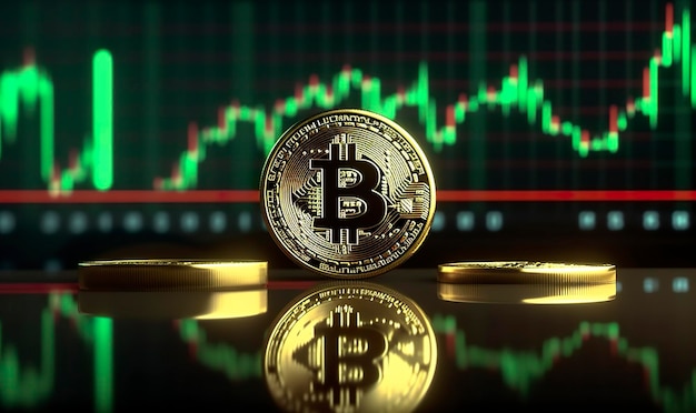 Bitcoin con grafico verde sullo sfondo dello schermo del computer Crypto trading di valuta AI generativo