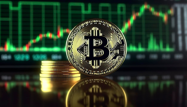 Bitcoin con grafico verde sullo sfondo dello schermo del computer Crypto trading di valuta AI generativo