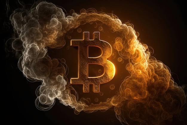 Bitcoin con luci incandescenti e fumo Simbolo d'oro su sfondo nero Generazione AI