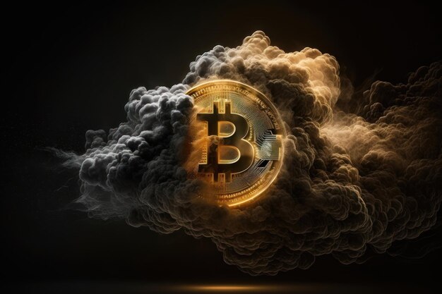 Bitcoin con luci incandescenti e fumo Simbolo d'oro su sfondo nero Generazione AI