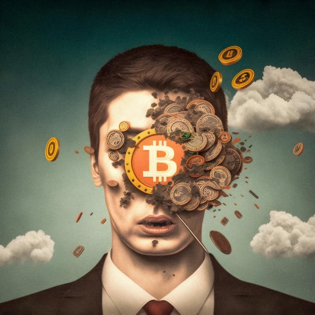 Bitcoin crash in testa illustrazione surreale poster vintage texture granulare