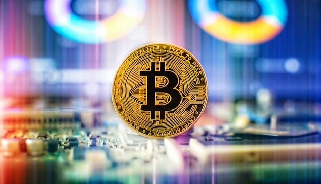 Bitcoin criptovaluta nuova versione sullo sfondo del circuito elettronico del computer Denaro virtuale in criptovaluta Bitcoin d'oro