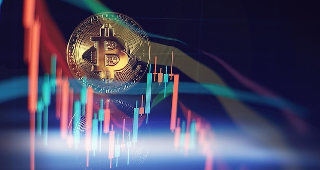 Bitcoin d'oro con grafico a candela e sfondo digitale Moneta d'oro con lettera icona Bmining o tecnologia blockchain