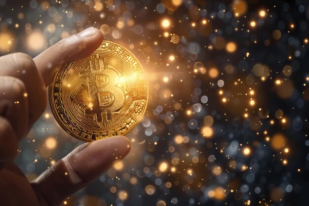 Bitcoin d'oro nelle mani delle persone affari di denaro virtuale e criptovalute