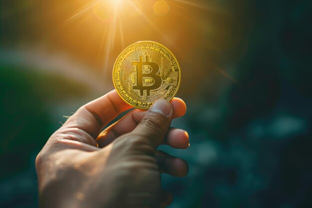 Bitcoin d'oro nelle mani delle persone affari di denaro virtuale e criptovalute