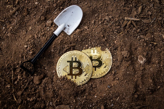 Bitcoin dorati con una pala a terra